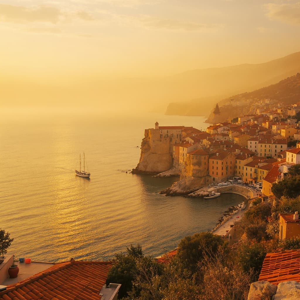 An old coastal village at the golden hour — terracotta rooftops, a single boat, fog over still water.